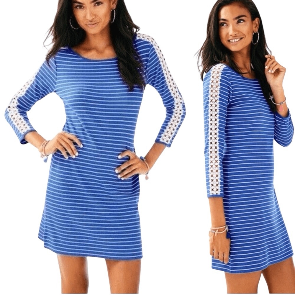 Lilly Pulitzer Marlowe Beacon Blue Breeze Stripe Knit Crochet Mini Dress - XS
